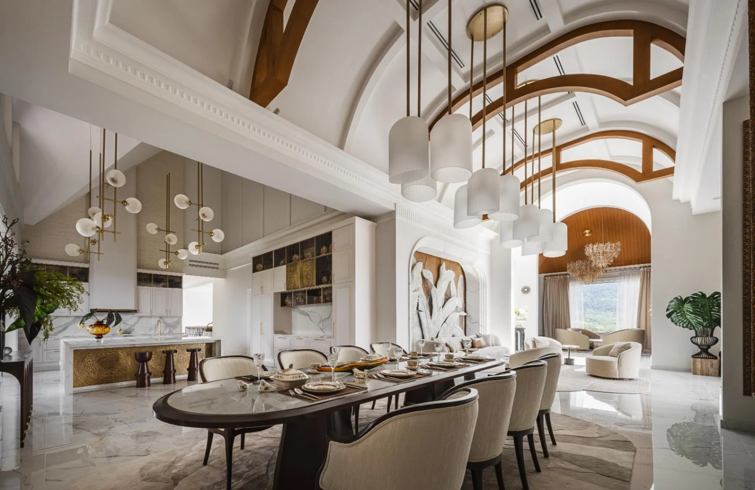 Barrel-vaulted living and dining ceiling with timber beams