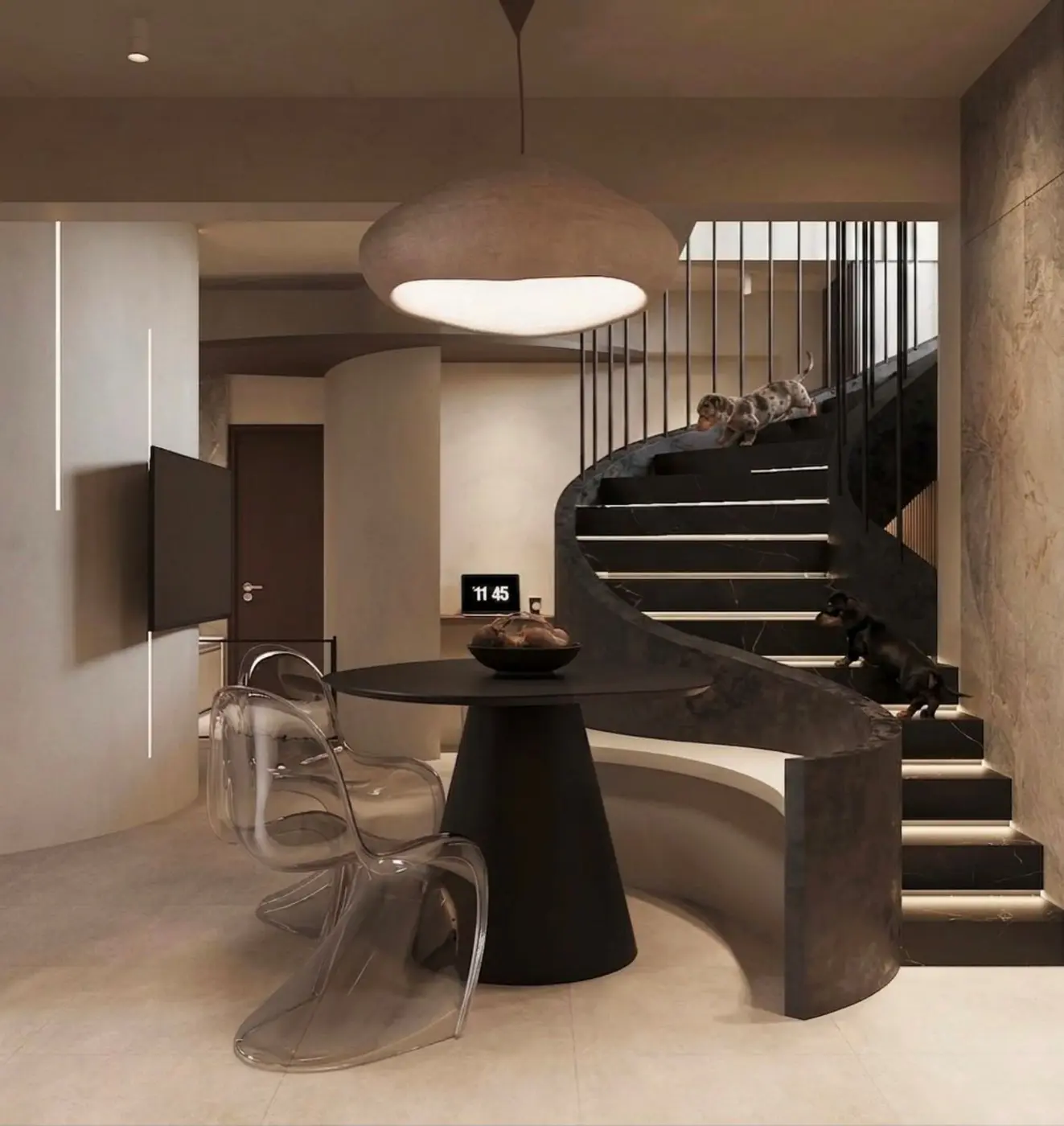 Living area with curved staircase and transparent dining chairs