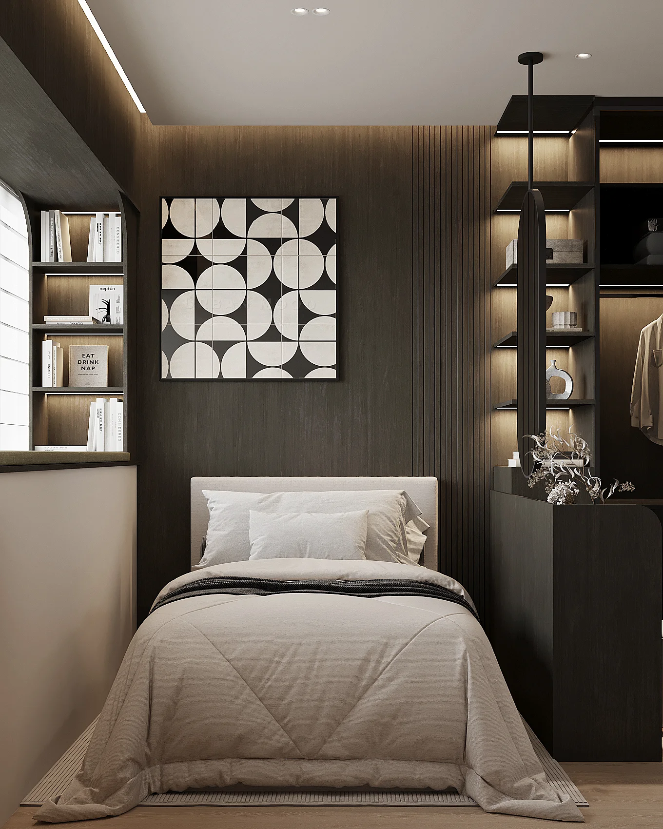 Bedroom — warm layered lighting, bespoke joinery, considered proportions