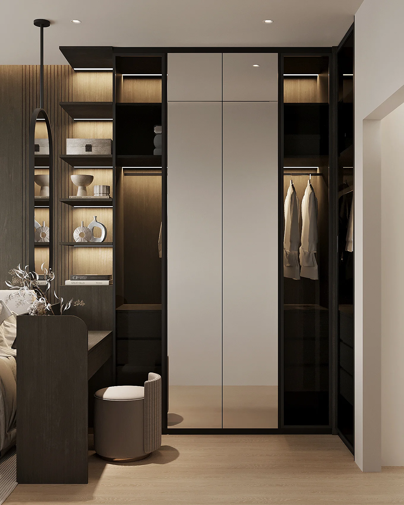 Corridor — seamless transitions, dark joinery, ambient light guiding movement through the home