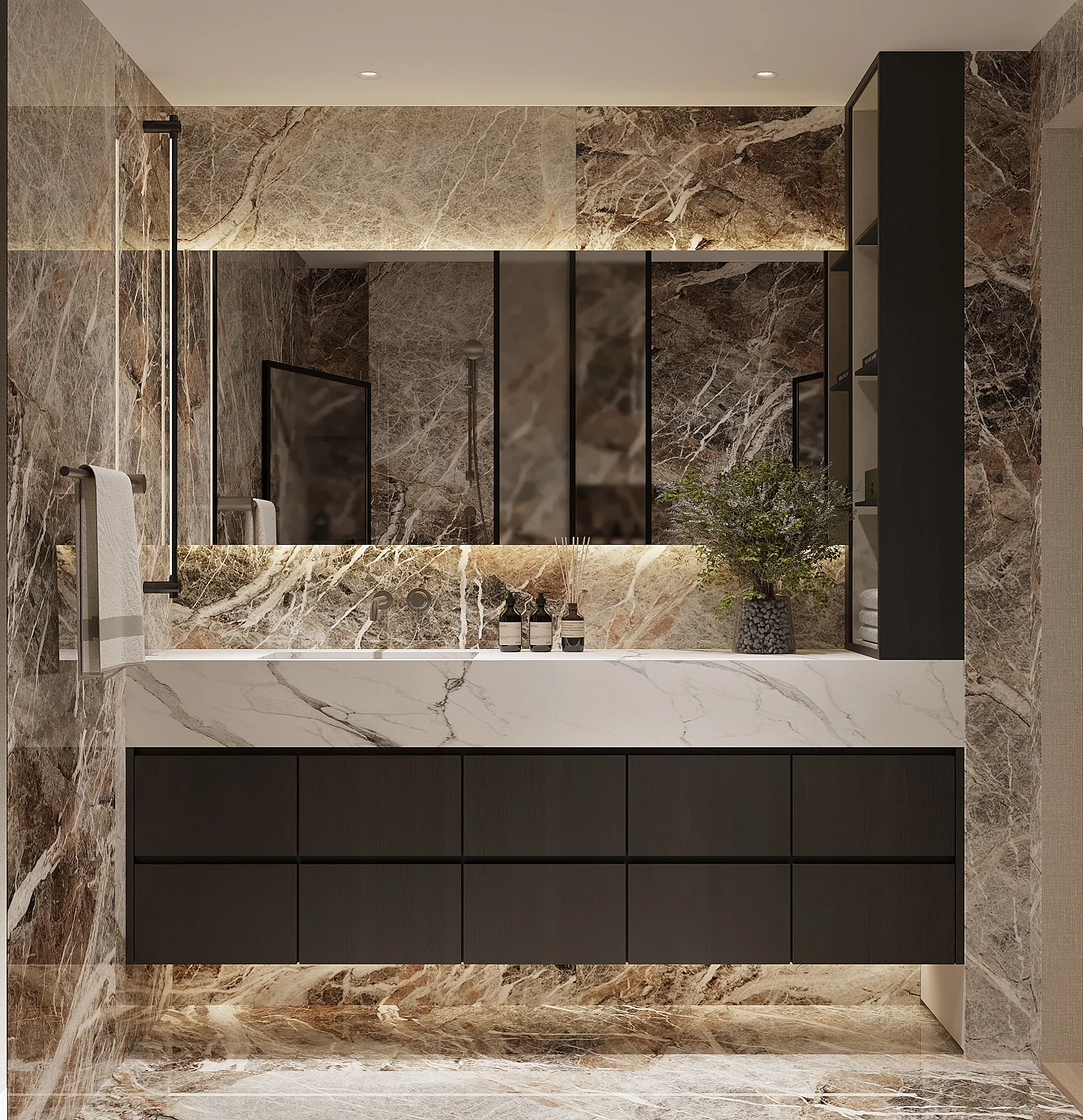 Detail shot — material texture, warm timber and stone contrast