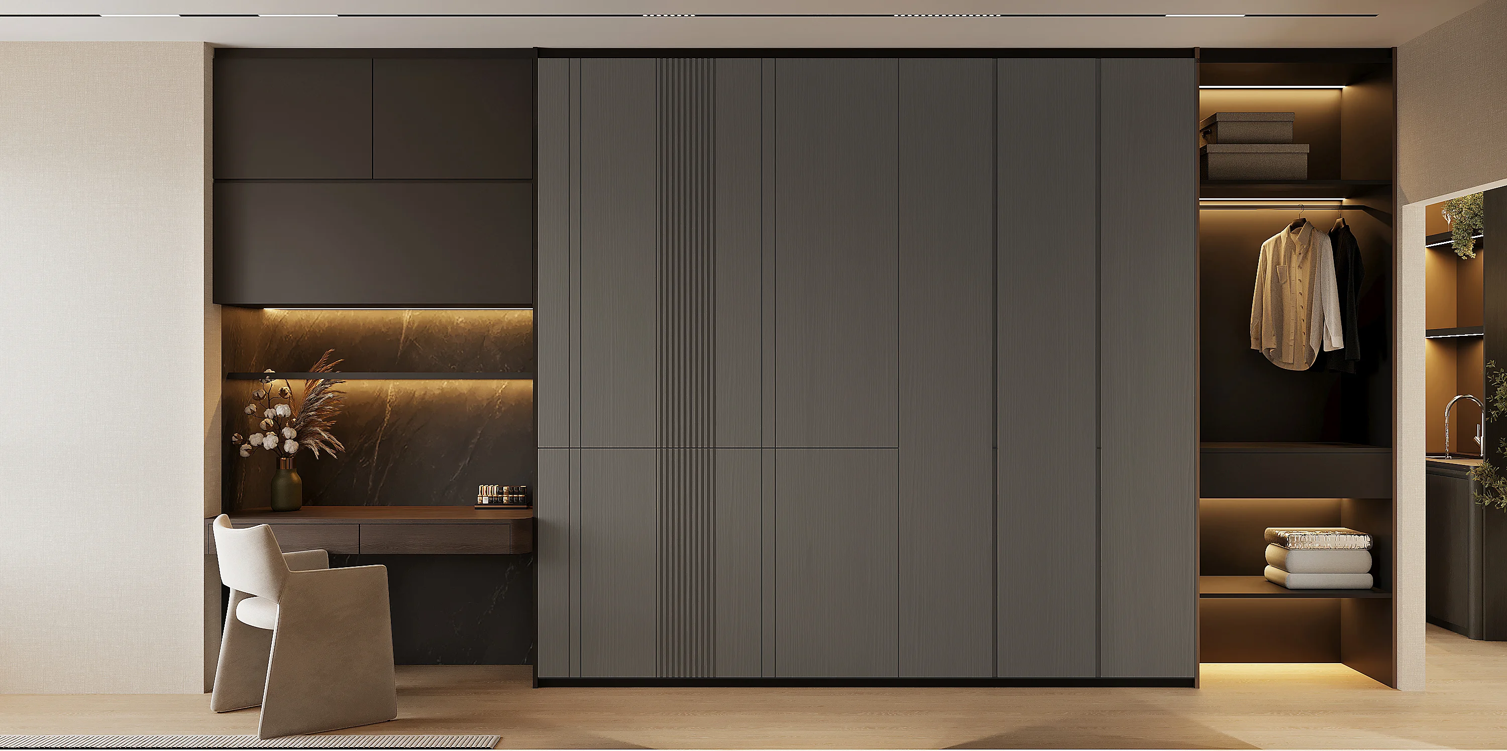 Living room wide shot — dark cabinetry wall, warm ambient lighting, curved sofa and coffee table