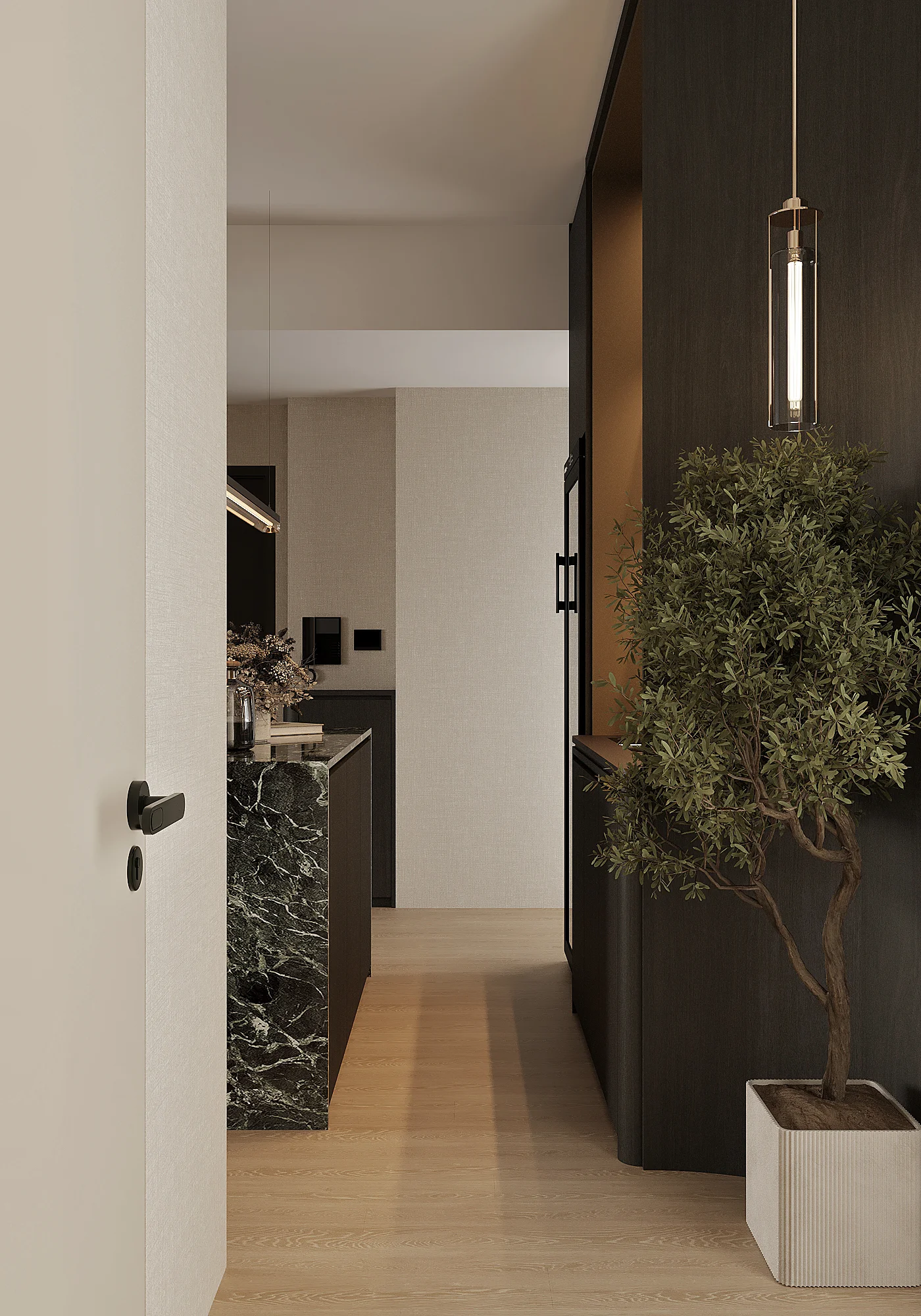 Pantry portrait view — Verde Marble island, open concept, gallery-like luxury