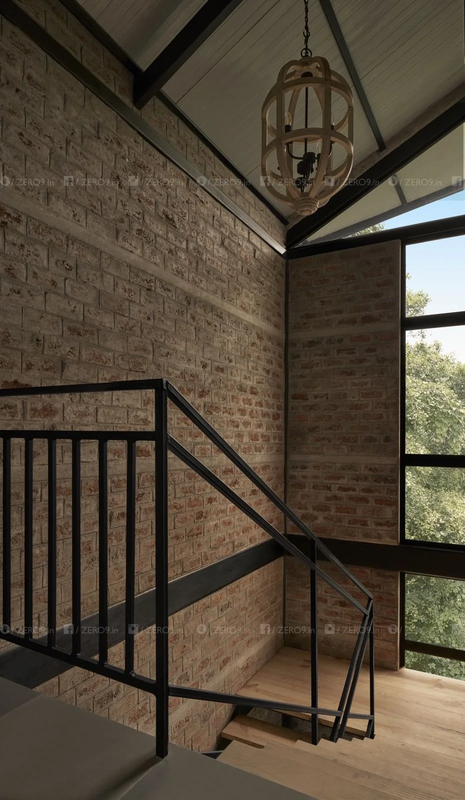Exposed brickwork detail — handcrafted patterns casting dynamic shadows in the forest light